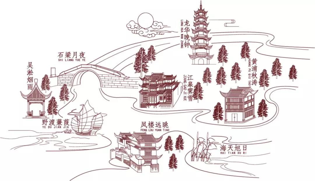 黄浦秋涛,龙华晚钟,吴淞烟雨,石梁夜月,野渡蒹葭,凤楼远眺和江皋霁雪